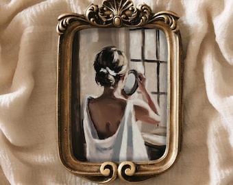 Portrait de femme peignant dans un cadre de style ancien, impression d'art féminine élégante de mauvaise humeur, olive altéré, époque victorienne, par VanyaS DarkessentialsS