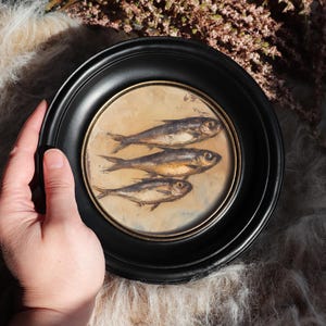 Sardine Painting In Celestial Sun Frame Vintage Style Round Miniature Still Life Illustration Coastal Kitchen Art by VanyaS DarkessentialsS 3.&Large Black Frame