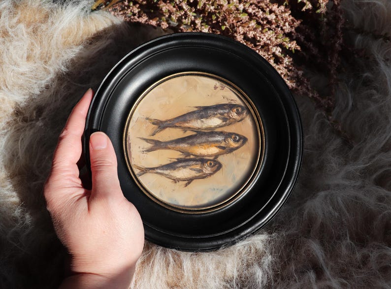 Sardine Painting In Celestial Sun Frame Vintage Style Round Miniature Still Life Illustration Coastal Kitchen Art by VanyaS DarkessentialsS 3.&Large Black Frame