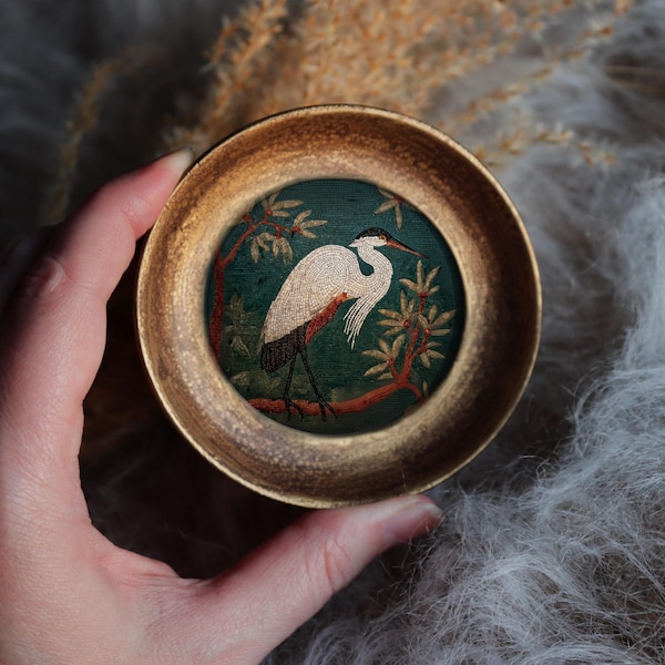 Heron Painting White Art In Celestial Sun Frame Vintage Style Round Asian Nature Illustration Classic Bird Decor by VanyaS DarkessentialsS