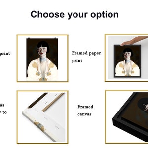 May include: Four different options for displaying a print of a woman with black hair wearing a white and gold patterned dress. The options include a paper print, a framed paper print, a canvas print, and a framed canvas print.