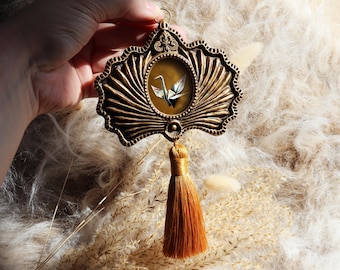 Origami Crane Painting in Fan Frame Japanese Style Bird Wall Art Miniature Peace Decor Gold Tassel Sculpture Print by VanyaS DarkessentialsS