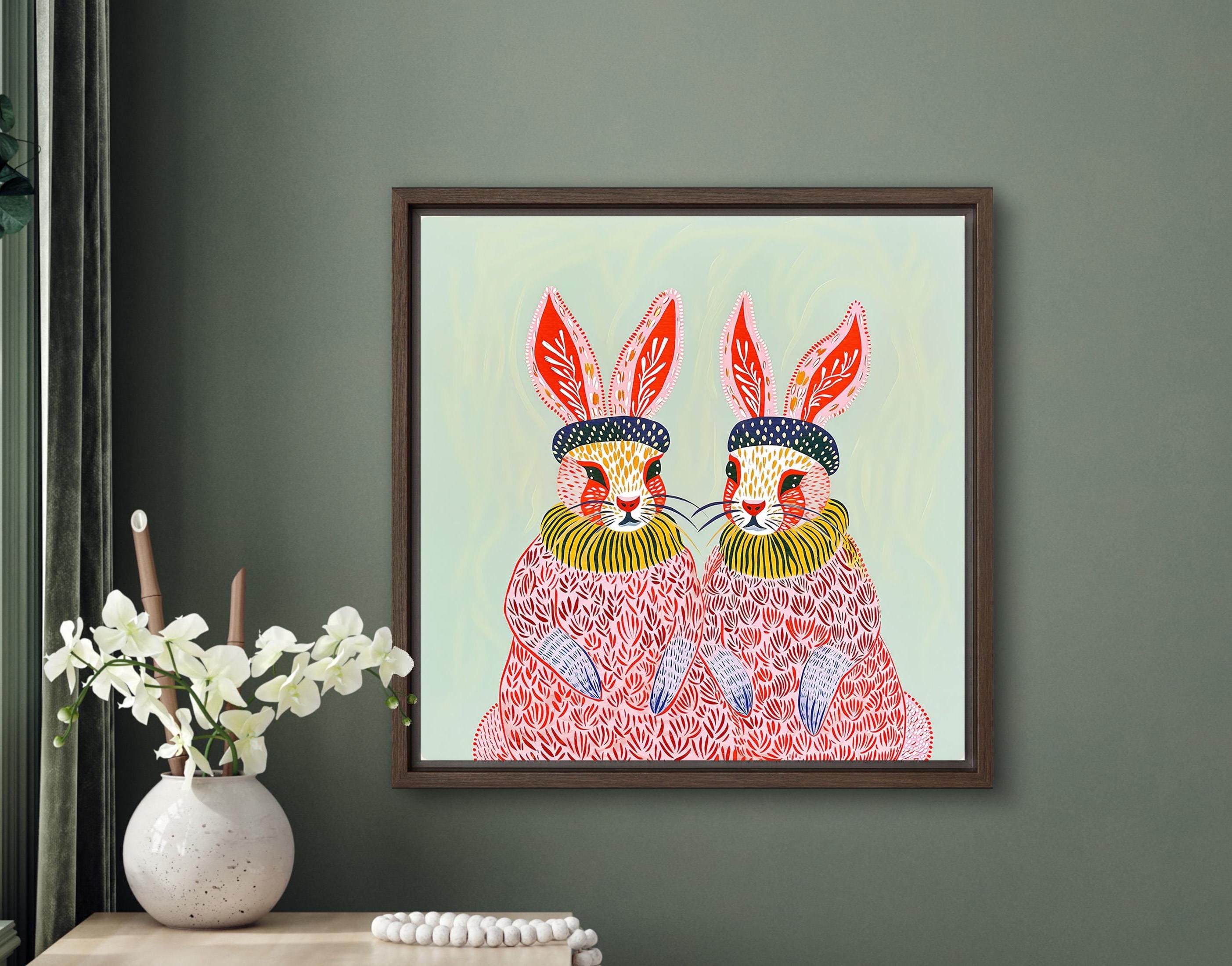 Two Rabbits Folk Art Print Maximalist Mint Pastel Colors Colorful