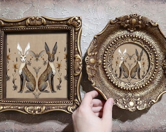 Rabbits Folk Art Print Hare Nature Illustration Witchy Small Framed Miniature Cottagecore Oil Canvas Ornate Design by VanyaS DarkessentialsS