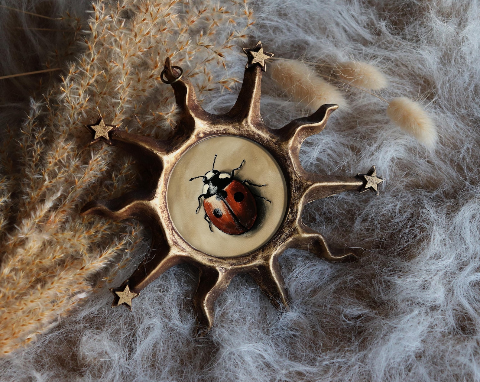 Ladybug Painting Print in Vintage Sun Frame Red Mini Bug Art Nature ...