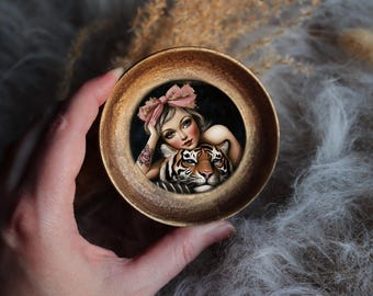 Girl & Tiger Painting In Celestial Sun Frame Surreal Portrait Miniature Illustration Vintage Animal Art Decor by VanyaS DarkessentialsS