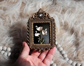 Swan Painting Whimsical White Birds And Tulips Miniature Framed Print Botanical Cottagecore Floral Vintage by VanyaS DarkessentialsS