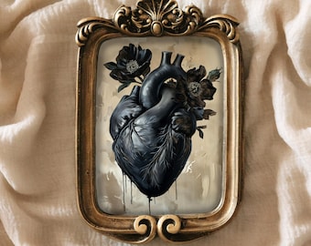 Black Anatomical Heart Art Print Gothic Surreal Poster Dark Romantic Wall Decor Occult Floral Mystical Esoteric by VanyaS DarkessentialsS