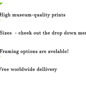 May include: A checklist with four green checkmarks highlighting the benefits of purchasing prints. The benefits include high museum-quality prints, sizes available in a drop-down menu, framing options, and free worldwide delivery.