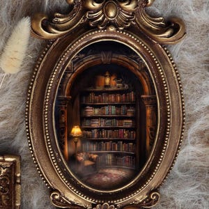 May include: Ornate gold-colored oval frame with a detailed interior scene of a cozy library. The library features bookshelves filled with books, a warm lamp, and a small seating area. The frame is set against a textured, neutral background.