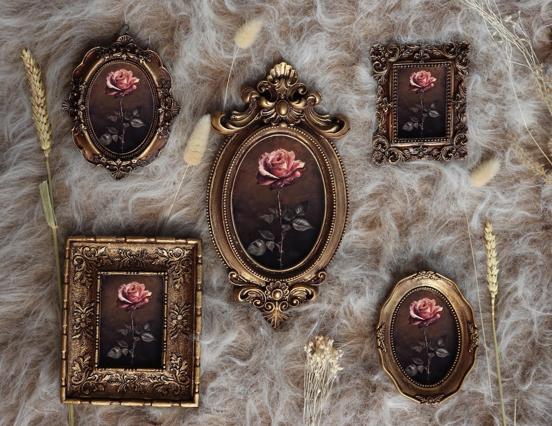 Pink Rose Painting in Ornate Gold Frame Dark Floral Artwork Victorian ...