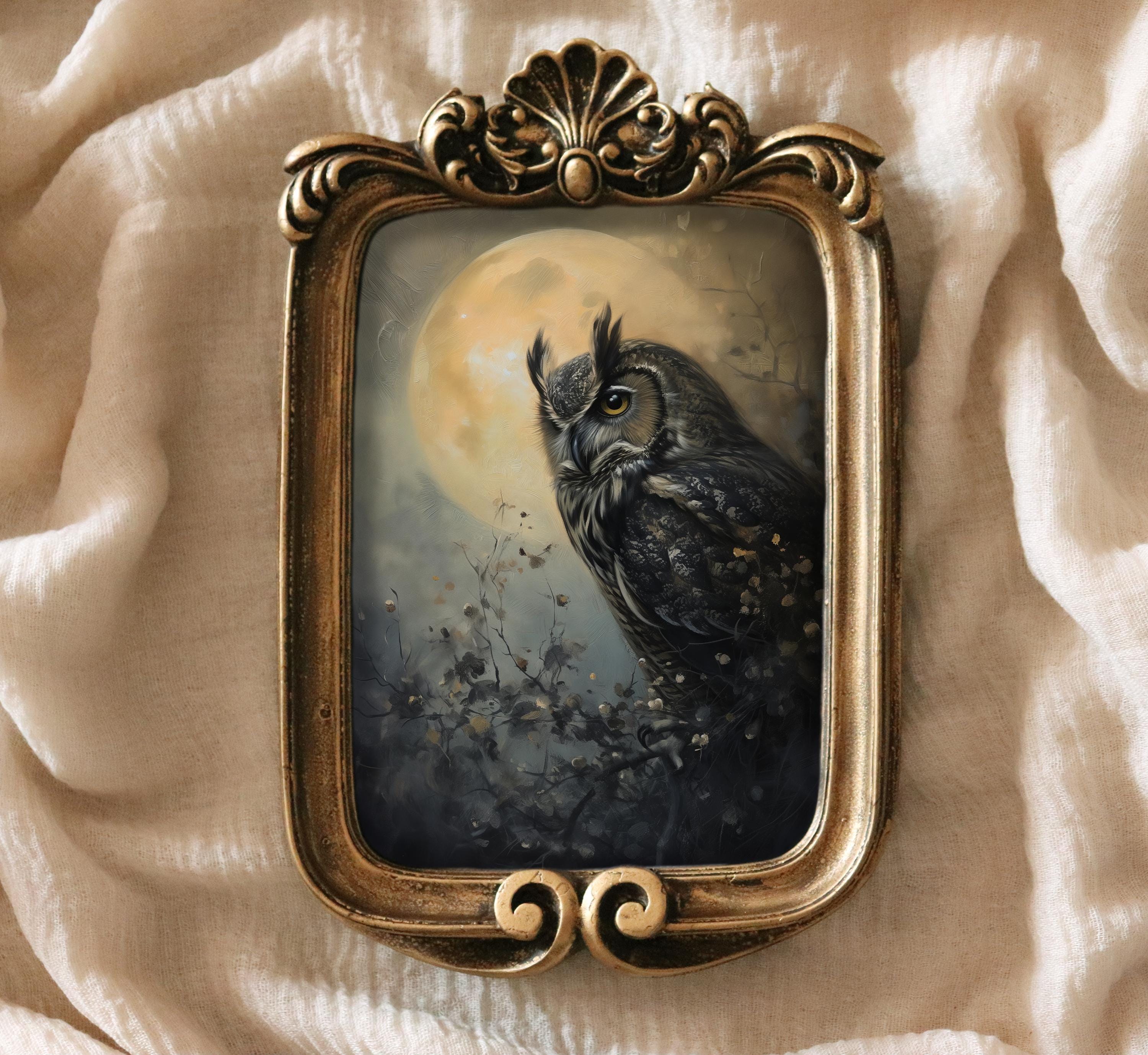 Owl Painting Moon Vintage Poster Cute Forestcore Wall Art Small Framed Oil Witch Night Gold Hand-Pai