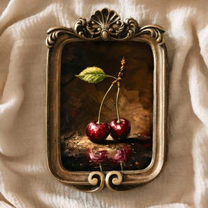 Könnte beinhalten: Zwei rote Kirschen mit grünen Blättern und Stielen in einem goldenen, verzierten Rahmen auf einem weißen Stoffhintergrund.