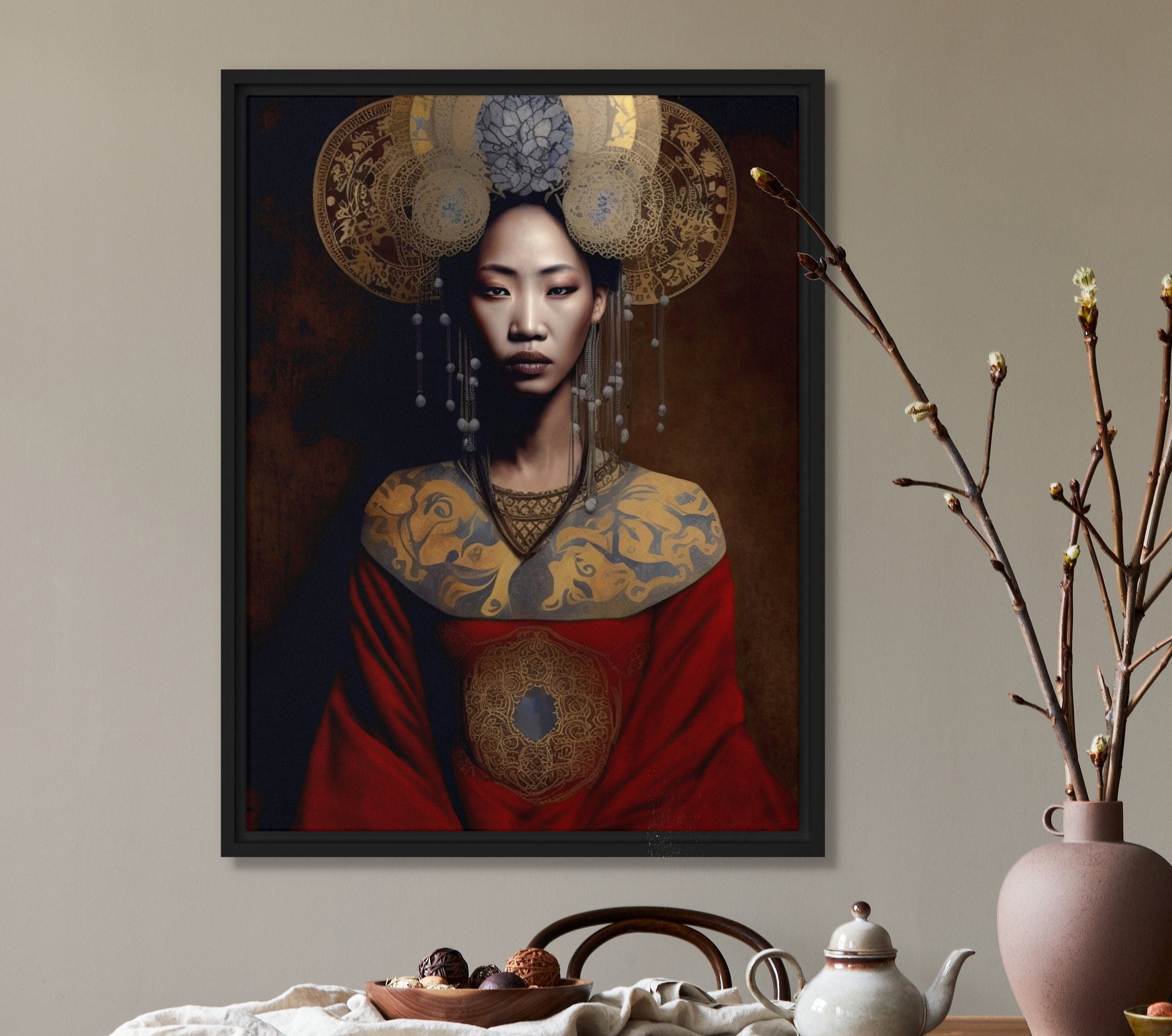 Red Kimono Woman Art Print Portrait Oriental Wall Art Face Painting Oil On Canvas Original Black Gold Design by VanyaS DarkessentialsS