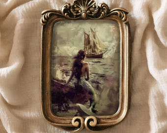 Meerjungfrau Wand Kunst Vintage Kunst Schiff Nautische Malerei Fantasy Ocean Kunstwerk Küsten Wohnkultur Gold Handbemalt von VanyaS DarkesstialsS