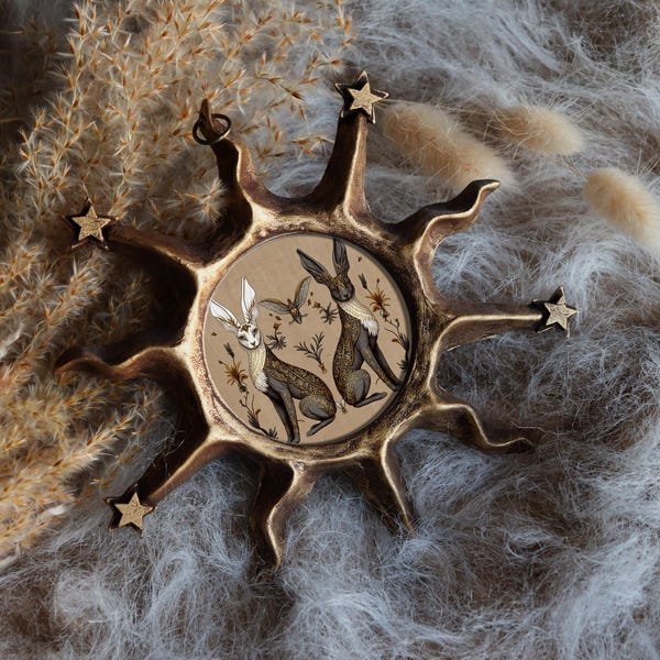 Folk Art Rabbits in Celestial Sun Frame Whimsical Bunny Miniature Wall Print Animal Illustration Mystical Nature by VanyaS DarkessentialsS