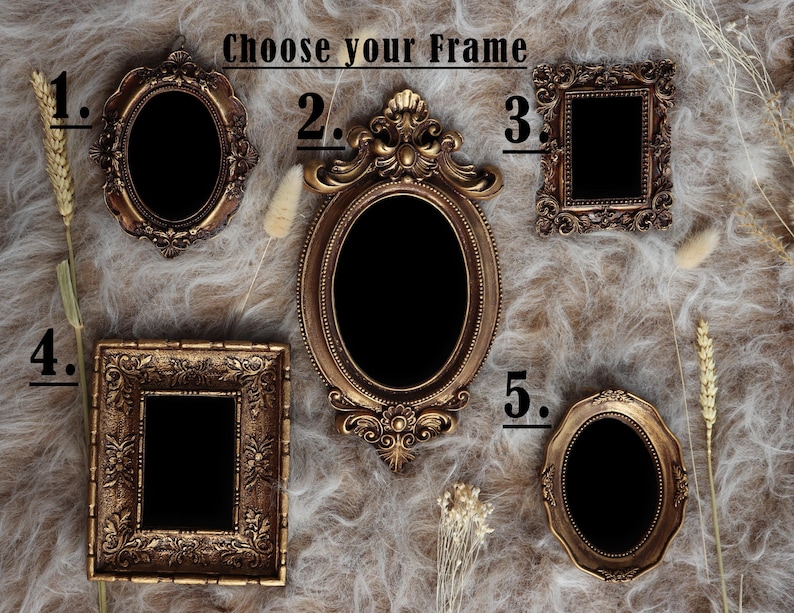May include: An assortment of five ornate, antique-style picture frames in various shapes, including oval and rectangular. The frames are in shades of gold and bronze, with intricate detailing. The text "Choose your Frame" is at the top.