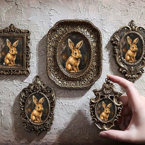 Bunny Framed Portrait Cute Rabbit Wall Art Hare Antique Print Small Miniature Oil Painting Canvas Ornate Design by VanyaS DarkessentialsS