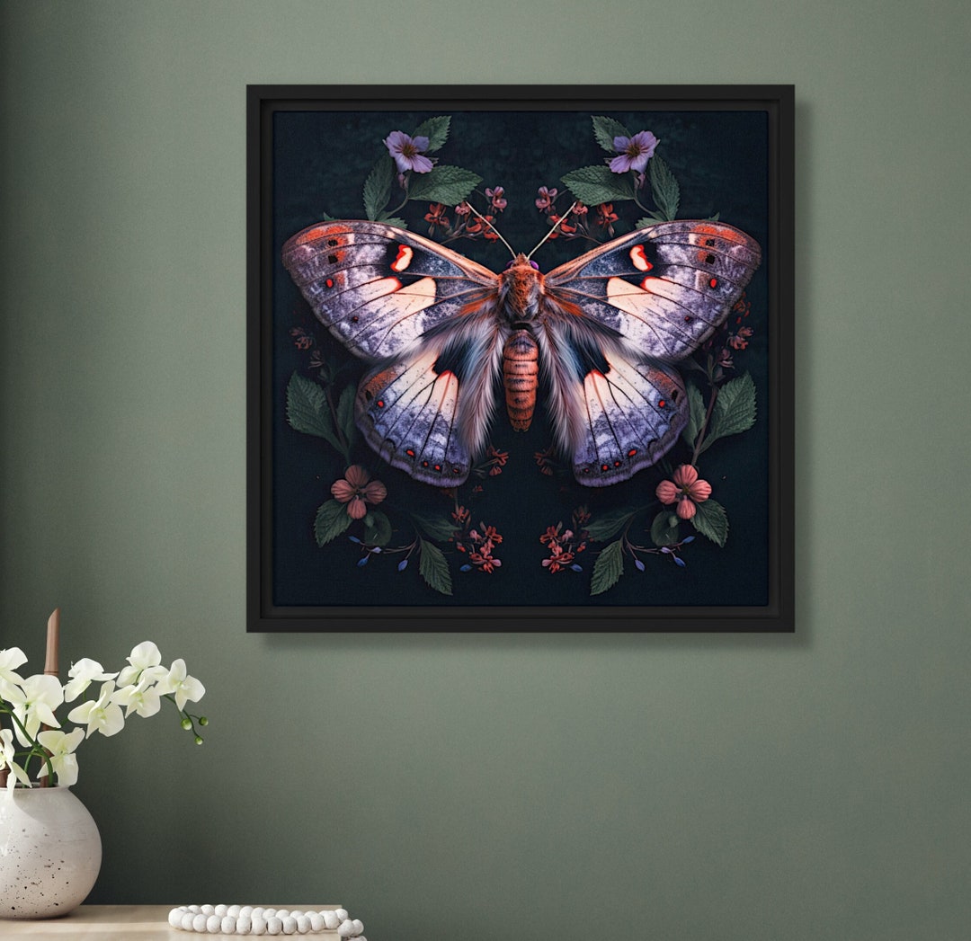Blue Butterfly With Flowers Art Print Moth Botanical Dark Moody Colours ...