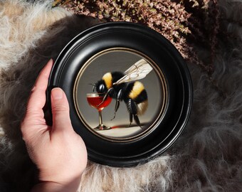 Bee Painting Bumblebee Wine Canvas Whimsical Insect Art Funny Vintage Decor Round Frame Small Wall Artwork by VanyaS DarkessentialsS