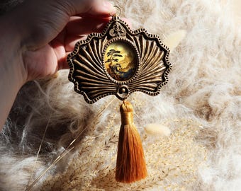 Pintura de paisagem japonesa em moldura ornamentada, pequena obra de arte de parede em estilo celestial, decoração vintage, natureza oriental, mini, por VanyaS DarkessentialsS