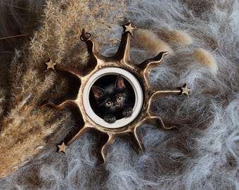 Black Cat in Celestial Frame Mystical Vintage Wall Art Miniature Kitten Small Framed Painting Canvas Original Aceo by VanyaS DarkessentialsS