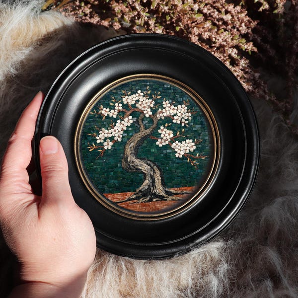 Blossom Tree Painting In Celestial Sun Frame Vintage Style Round Art Mosaic Nature Illustration Botanical Wall by VanyaS DarkessentialsS