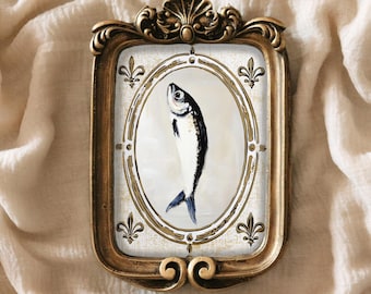 Sardines Art Print Still Life Oil Painting Fish in Ornate Gold Hand-Painted Home Decor Nautical Coastal Design by VanyaS DarkessentialsS