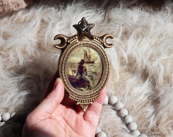 Mermaid Painting Sailing Ship On Stormy Sea In Vintage Celestial Frame Fantasy Coastal Art Small Wall Decor by VanyaS DarkessentialsS