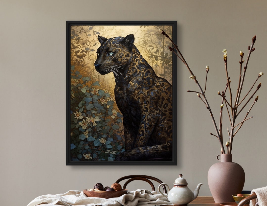 Panther Art Print Cheetah Painting Leopard Gold Blue Flower Wildlife ...