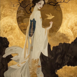 May include: A woman in a white and gold robe with a blue sash stands in front of a gold and black background. She is holding a small bird in her hand. The background features a large, golden moon with a tree branch reaching out from it.