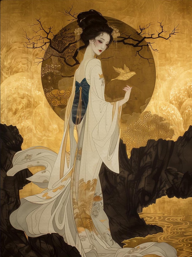 May include: A woman in a white and gold robe with a blue sash stands in front of a gold and black background. She is holding a small bird in her hand. The background features a large, golden moon with a tree branch reaching out from it.