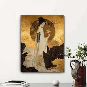 May include: A painting of a woman in a white and gold dress standing in a forest with a bird in her hand. The background is a golden color with a large moon.