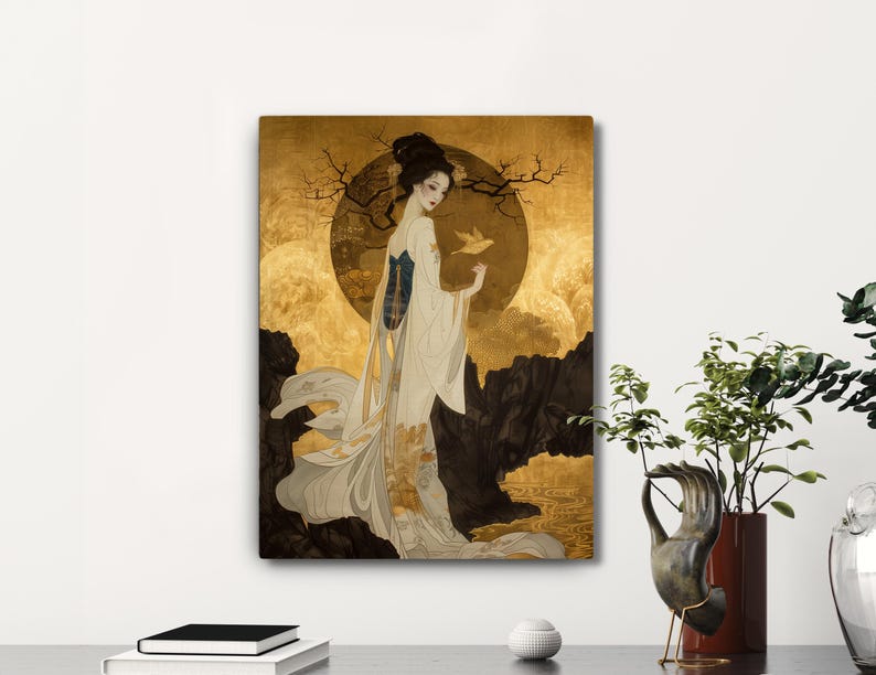 May include: A painting of a woman in a white and gold dress standing in a forest with a bird in her hand. The background is a golden color with a large moon.
