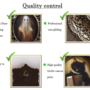 K&ouml;nnte beinhalten: Bild zeigt gerahmte Kunstdrucke mit dem Text "Qualit&auml;tskontrolle". Merkmale sind UV- und staubabweisende Leinwand, professionelle Wachsvergoldung, Aufh&auml;ngung und hochwertige Gicl&eacute;e-Leinwanddrucke. Die Drucke zeigen einen Geist, verzierte Rahmendetails und eine Katze, die Akkordeon spielt.