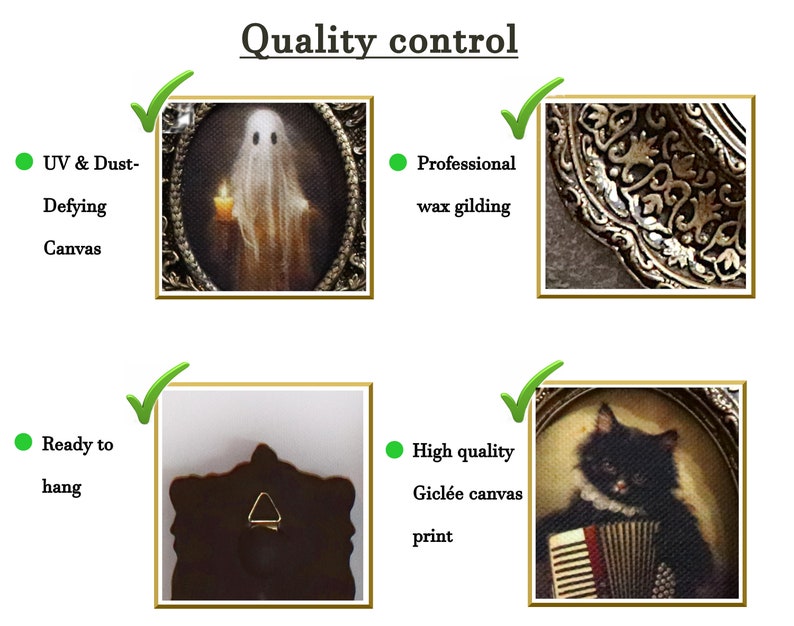 K&ouml;nnte beinhalten: Bild zeigt gerahmte Kunstdrucke mit dem Text "Qualit&auml;tskontrolle". Merkmale sind UV- und staubabweisende Leinwand, professionelle Wachsvergoldung, Aufh&auml;ngung und hochwertige Gicl&eacute;e-Leinwanddrucke. Die Drucke zeigen einen Geist, verzierte Rahmendetails und eine Katze, die Akkordeon spielt.