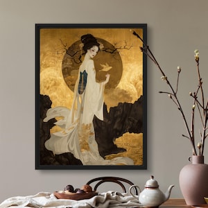 May include: A woman in a white and gold dress stands in front of a golden background with a bird in her hand. The background is a stylized landscape with a large, golden moon.