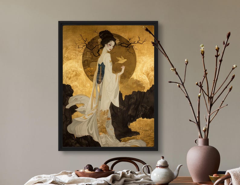 May include: A woman in a white and gold dress stands in front of a golden background with a bird in her hand. The background is a stylized landscape with a large, golden moon.