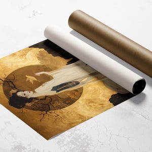 May include: A woman in a white dress with gold accents stands in front of a golden background with a tree branch and a bird. The background is a swirling pattern of gold and black.