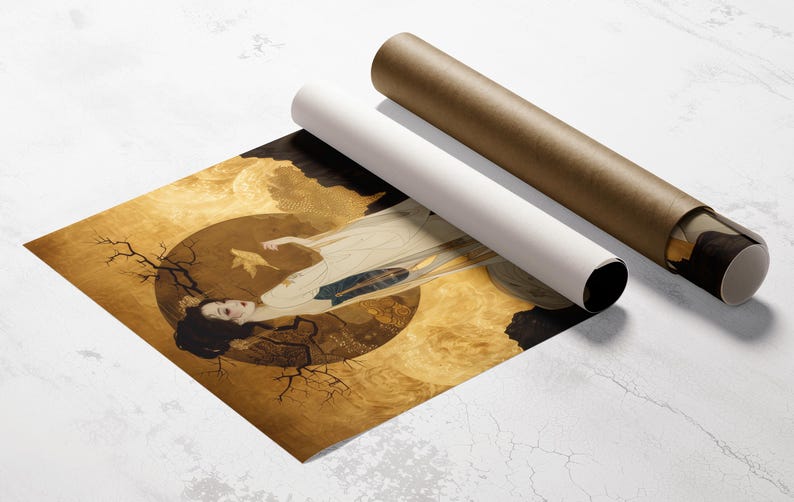 May include: A woman in a white dress with gold accents stands in front of a golden background with a tree branch and a bird. The background is a swirling pattern of gold and black.