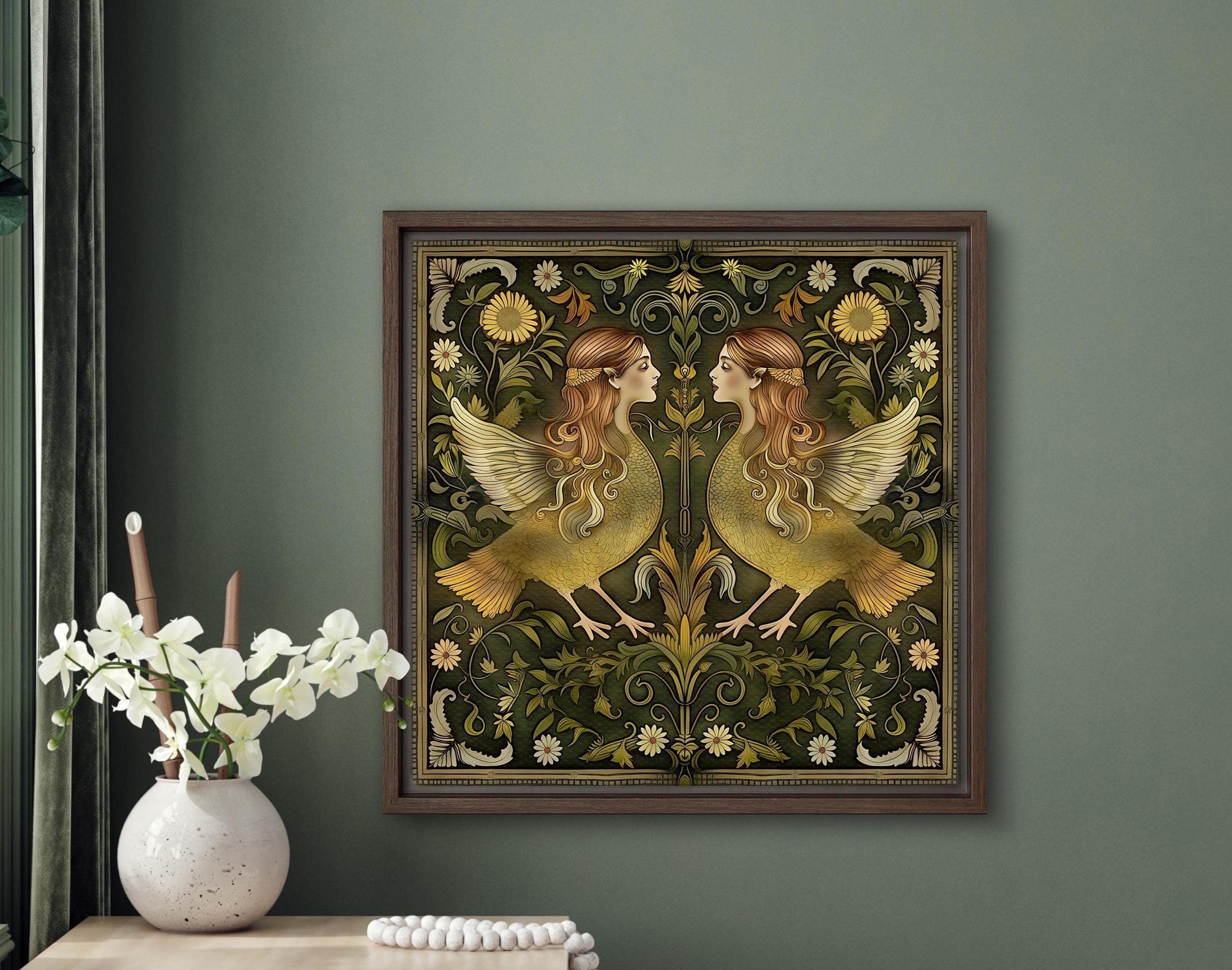 Mythical Folk Art Poster Twin Bird-Women Whimsical Print Сhicken Fairy Folklore Nature Symbolic Beauty by VanyaS DarkessentialsS
