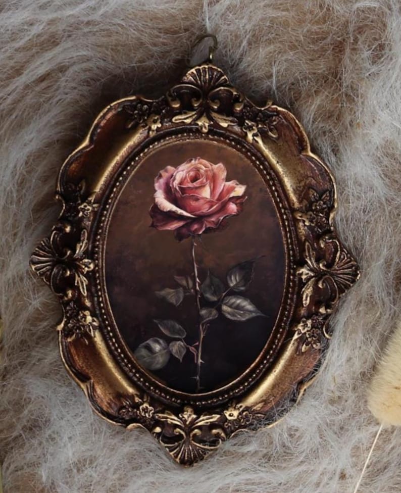 Pink Rose Painting in Ornate Gold Frame Dark Floral Artwork Victorian ...
