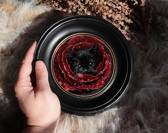 Kitten Painting Gothic Rose Wall Art Black Cat Canvas Dark Floral Decor Round Frame Cottagecore Animal Artwork by VanyaS DarkessentialsS