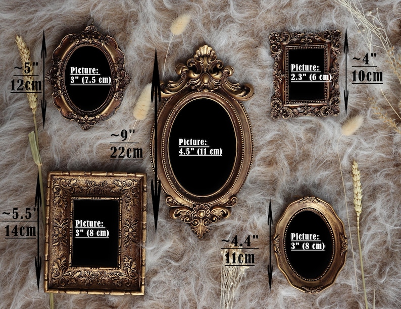 May include: An assortment of antique-style picture frames in various shapes and sizes. The frames are gold and bronze-toned, with ornate detailing. The largest frame is approximately 9 inches (22 cm) tall, while the smallest is about 4 inches (10 cm) tall.