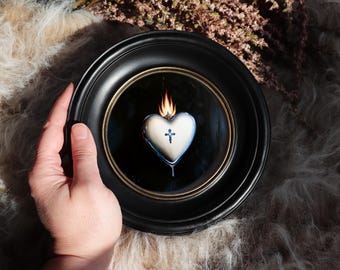 Sacred Heart Painting In Vintage Round Frame Miniature Spiritual Wall Art Classic Illustration Small Decor by VanyaS DarkessentialsS