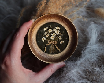 Daisy Bouquet Painting In Celestial Sun Frame Vintage Style Round Miniature Floral Illustration Classic Nature Art by VanyaS DarkessentialsS