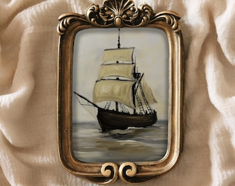 Ship Sailing Painting Open Sea Vintage Nautical Print Coastal Wall Decor Maritime Ocean Artwork Gold Hand-Painted by VanyaS DarkessentialsS