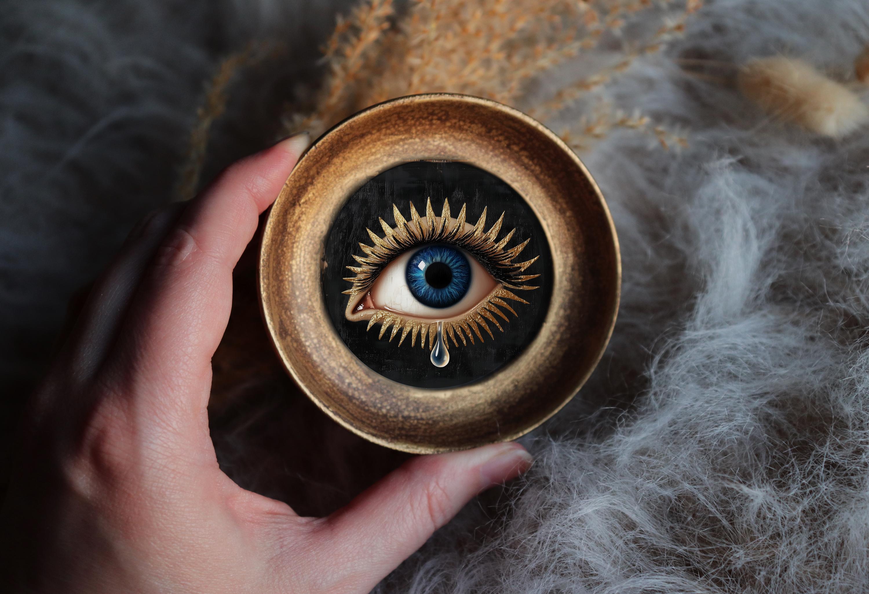 Crying Eye Painting With Golden Rays In Round Frame Sad Surreal Miniature Art Spiritual Vision Decor Witchcore by VanyaS DarkessentialsS