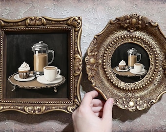 Coffee Painting in Vintage Frame Small Wall Art with French Press and Cupcake Kitchen Décor Print by VanyaS DarkessentialsS