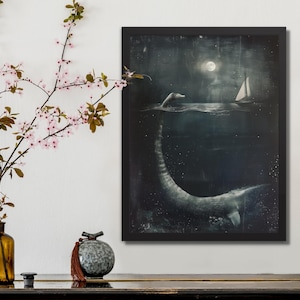 Loch Ness Monster Print Segelboot im Mondlicht Hexe Décor Sternennacht Nessie Wasserpferd Wand Kunst Design von VanyaS DarkesstialsS